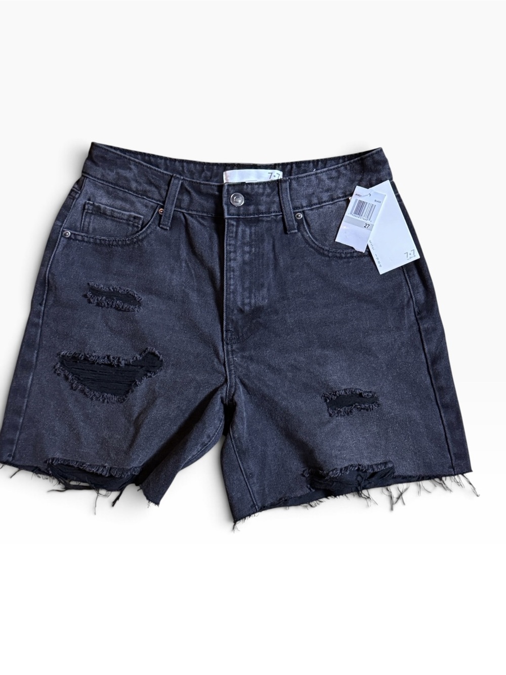 7 7 90s Style Women's Black Distressed Denim Shorts size 27 New With Tag